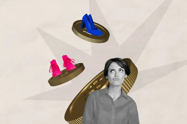 Творческий Фотоколлаж Молодая Вдумчивая Женщина Решает Покупатель Обуви Выбрать Золотые — стоковое фото