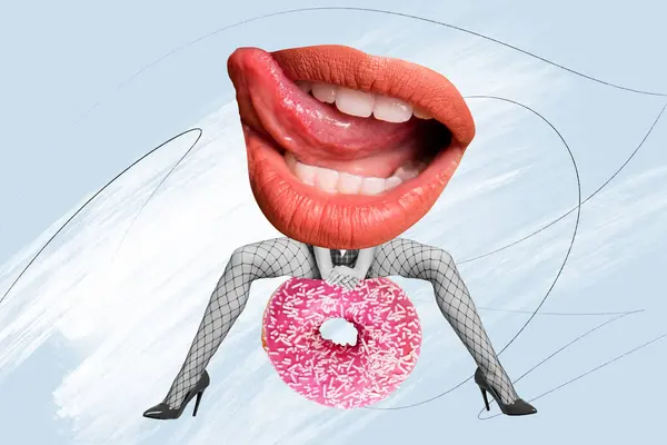 Creative Trend Collage Lick Lips Caricature Spread Legs Erotic Sexshop — Stock Photo, Image
