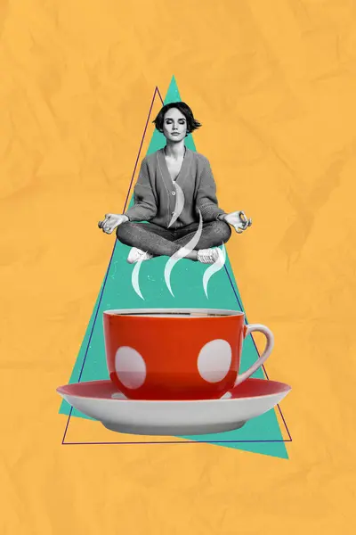 Trend artwork composite sketch image photo collage of young lady meditate fly under retro cup coffee tea break rest relax om zen gesture.