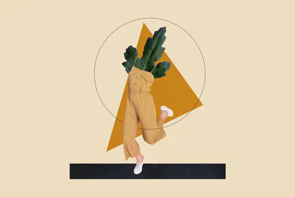 創造的な絵のアートワーク3Dイメージのコラージュ ベージュ色の背景で楽しむボディの代わりにヘッドレスの女性の緑の植物の葉 — ストック写真