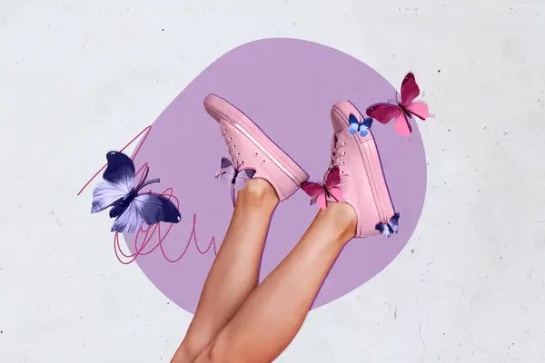 Creative Photo Collage Young Woman Legs Sneakers Footwear Flying Butterflies — Stock Photo, Image