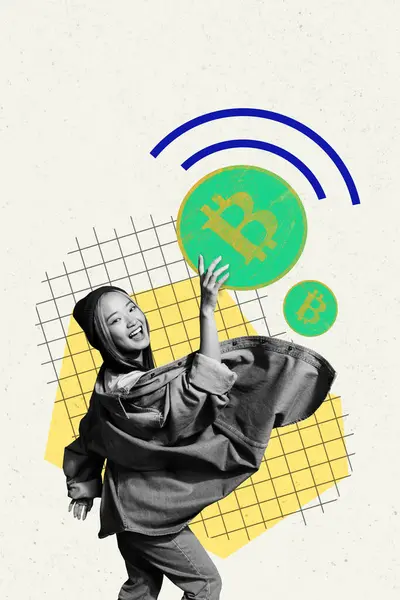 Vertical Photo Collage Young Cheerful Girl Hold Bitcoin Token Virtual — Stock Photo, Image