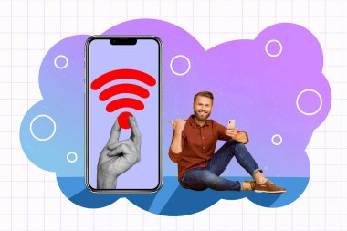 Sketch artwork trend composite image 3d collage photo of young man show thumb sign huge cellphone small hand hold wifi signal on display. clipart