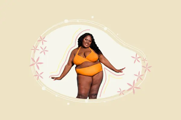 Creative collage poster young oversize model beautiful woman underwear bodypositive equality carefree cheerful happy positive mood.