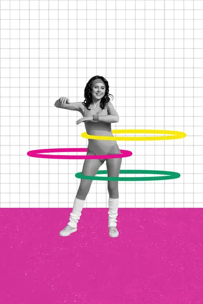Creative Trend Collage Retro Female Rotate Hulahoop Sportive Lifestyle Exercise — Stock Photo, Image