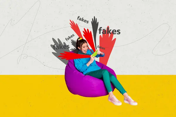 Kreative Collage Bild Junge Sitzende Mädchen Aufgeregt Erstaunt Smartphone Nachrichten — Stockfoto