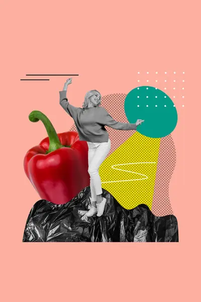 Vertikale Kreative Collage Bild Junge Tanzende Unbeschwerte Mädchen Müll Boden — Stockfoto