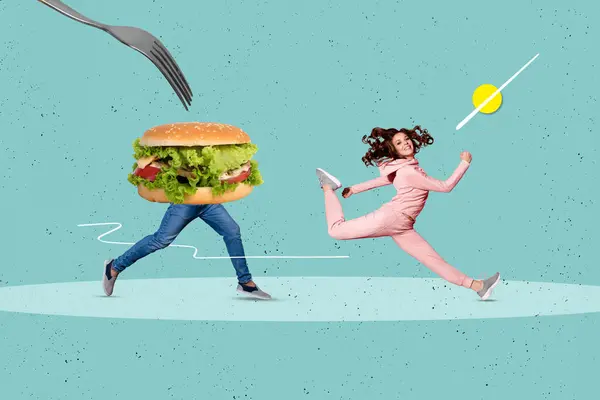 Photo Collage Picture Young Running Girl Escape Burger Man Legs — Stock Photo, Image