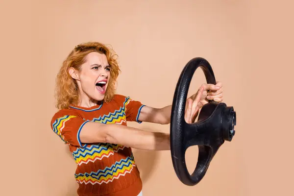 Portrait Angry Crazy Girl Wear Ornament Shirt Holding Steering Wheel — Stock Photo, Image