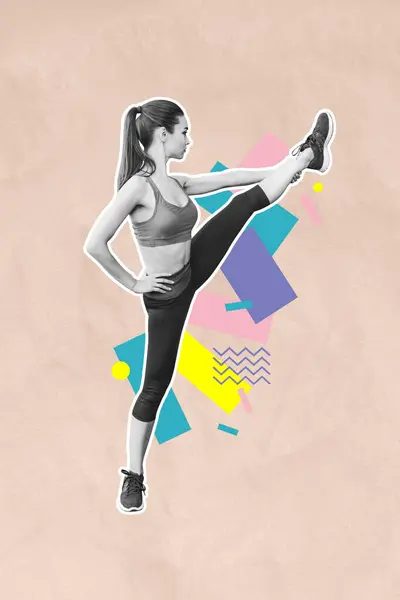 Vertical Photo Collage Serious Sportswoman Perform Twine Flexible Gymnastics Skill — Stock Photo, Image
