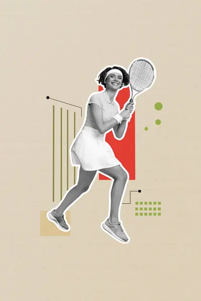 Vertical Image Collage Happy Girl Hold Racket Big Tennis Game — Stock Photo, Image