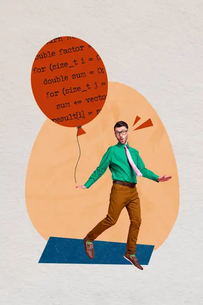 Colaj Imagine Verticală Tânărului Finanțator Surprins Sară Ecuația Balonului Formula — Fotografie, imagine de stoc