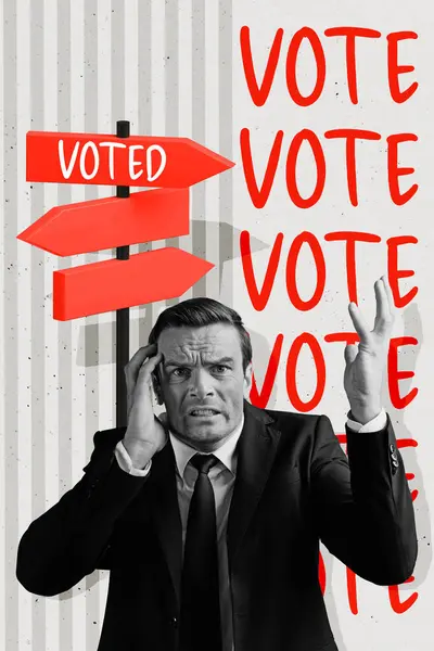 Collage Picture Stressed Depressed Man Politician Government Election Touch Head — Stock Photo, Image