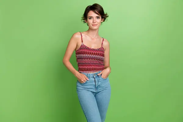 Photo Stunning Nice Girl Wear Trendy Clothes Put Arms Pockets — Stock Photo, Image