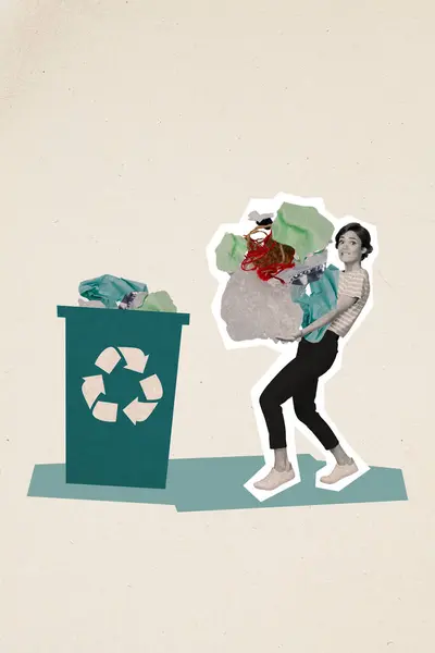 Creative vertical collage young responsible woman holding garbage sorts trash pollution helping planet environment eco friendly.