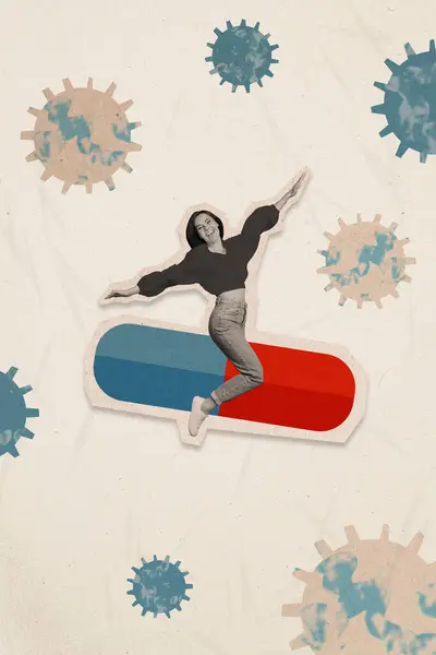 Colagem Criativa Vertical Engraçado Fêmea Equitação Voador Pílula Saúde Doença — Fotografia de Stock