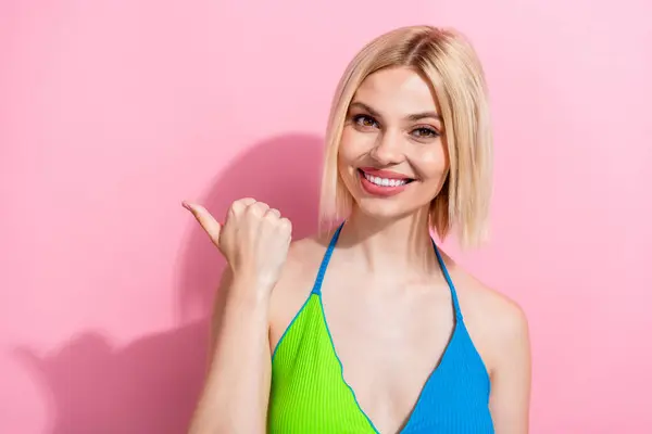 Portrait Lovely Good Mood Woman Bob Hairstyle Wear Colorful Top — Stock Photo, Image
