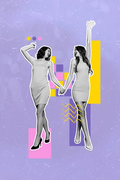 Verticale Afbeelding Collage Van Twee Meisjes Dragen Glamour Jurk Hold — Stockfoto