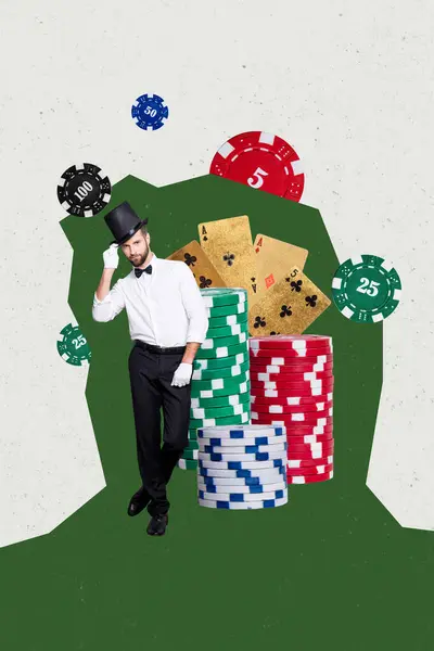 Vertikale Kreative Collage Bild Schöner Junger Herr Händler Pokerkarten Glücksspiel — Stockfoto