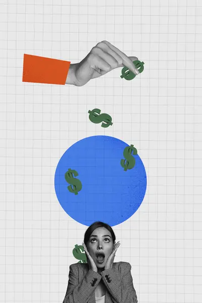 Vertikale Foto Collage Von Hand Gießen Dollar Emblem Geld Armes — Stockfoto