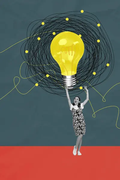 Vertical Photo Collage Astonished Girl Show Huge Light Bulb Brainstorm — Stock Photo, Image