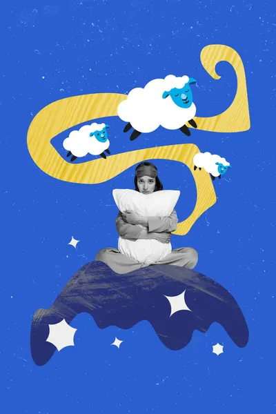 Pionowe Kreatywny Kolaż Obraz Młody Siedzi Kobieta Poduszka Spanie Bezsenność — Zdjęcie stockowe