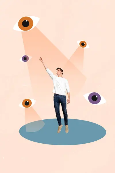 複合トレンドアートワークスケッチ画像 若いハンサムな男の3D写真コラージュが手を挙げる巨大な目 手時計スパイ外観 — ストック写真
