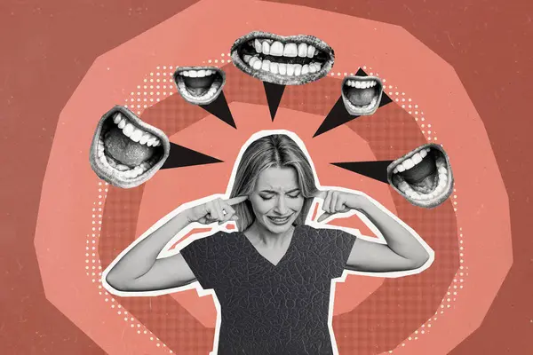 Composite Photo Collage Upset Girl Shut Ears Mouth Scream People — Stock Photo, Image