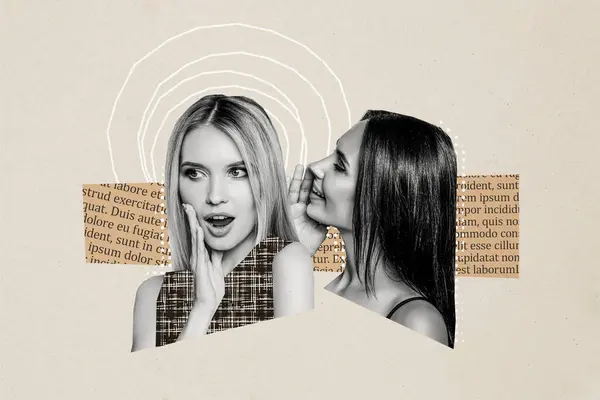 Composite Foto Collage Von Zwei Schlauen Mädchen Ein Flüstern Ohr — Stockfoto