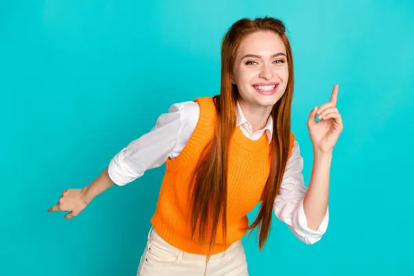 Photo Optimistic Nice Lovely Girl Wear Orange Clothes Have Fun — Stock Photo, Image