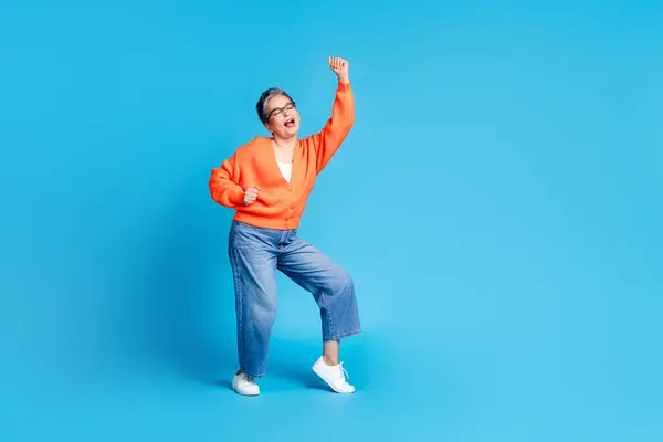Full Body Photo Lovely Senior Lady Dancing Have Fun Dressed — Stock Photo, Image