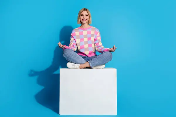 Full Length Photo Peaceful Good Mood Girl Wear Colorful Pullover — Stock Photo, Image