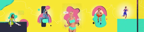 Composite Collage Panorama Image Exercise Practicing Workout Warmup Sportive Lifestyle Стоковая Картинка