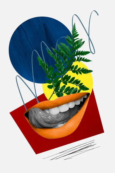 3D写真コラージュトレンド ピンアップ若い汚れた口唇のスケッチ 笑顔の花の自然の植物は幾何学要素の円の落書きを残します — ストック写真