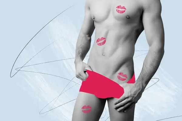 Tendință Creativă Colaj Bărbat Sexy Superb Tricoul Fără Cămașă Sexshop — Fotografie, imagine de stoc