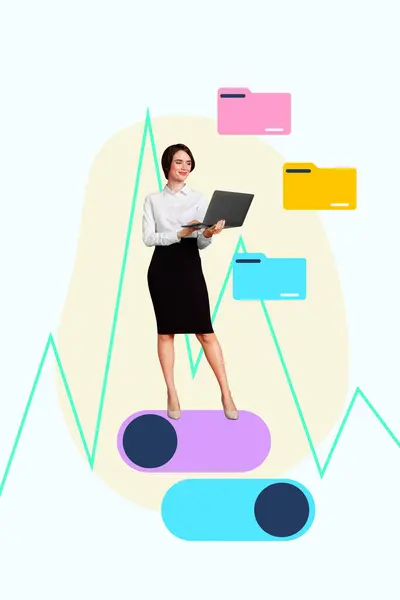 stock image Trend artwork composite image photo collage of young businesswoman hold in hand laptop type prepare project documents stats graphics.