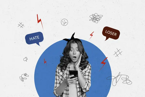 Composite Photo Collage Shocked Girl Hold Iphone Cyberbully Hate Loser — Stock Photo, Image