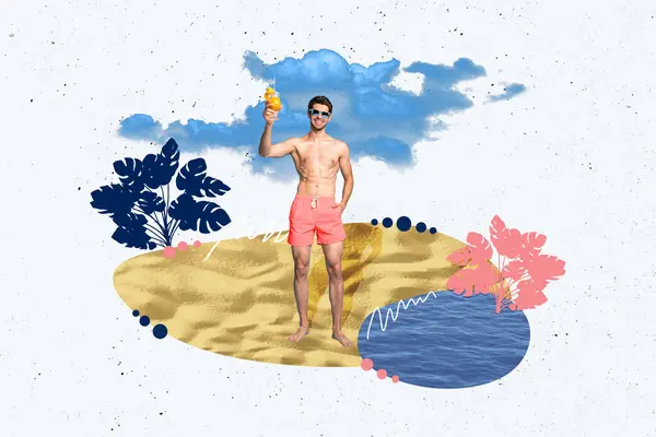 Verbundfotocollage Von Glücklichen Kerl Halten Cocktail Glas Strand Resort Palme — Stockfoto