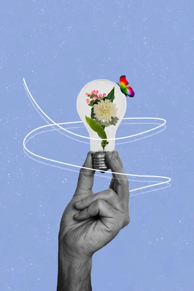 Vertical Photo Collage Hands Hold Light Bulb Flowers Bouquet Butterfly — Stock Photo, Image