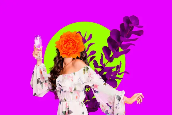 Trend artwork photo collage of young faceless lady incognito hold glass drink celebrate international woman day eucalyptus flower plant.