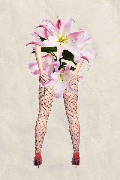 Vertical Creative Collage Picture Sexy Lady Legs Pantyhose Standing Lily — Stock Photo, Image