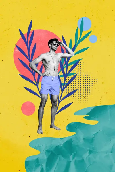 Vertical Collage Image Young Fit Handsome Man Lifeguard Naked Torso — Zdjęcie stockowe