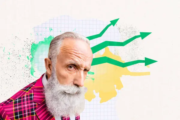 Creative Image Collage Picture Elderly Grandfather Dynamic Arrows Charts Economy — Stock Photo, Image