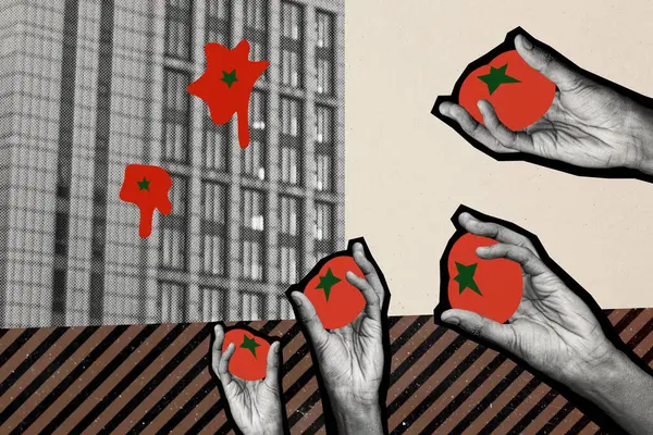 Collage Photo Composite Des Mains Lancer Tomate Manifestation Grève Bâtiment — Photo