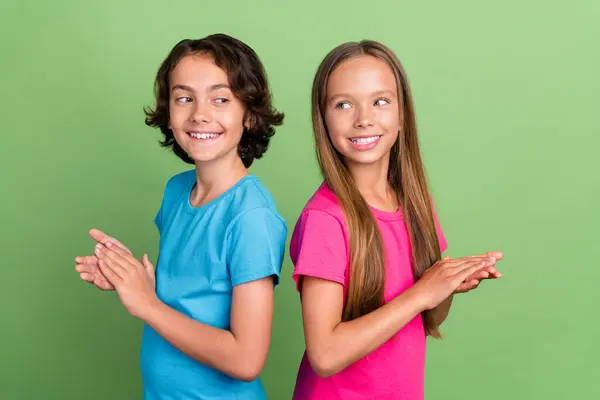 Photo Excited Cheerful Friends Wear Shirts Clapping Arms Palms Isolated — Stock Photo, Image