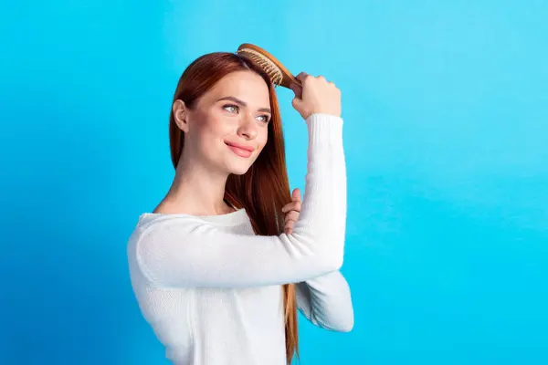 Çekici Bir Genç Kadının Portresi Saç Tarağı Maviye Bürünmüş Şık — Stok fotoğraf