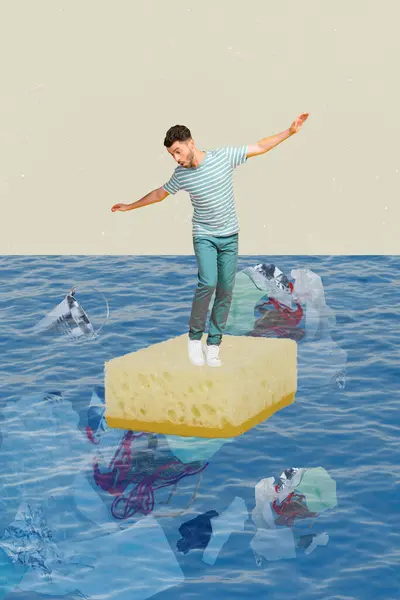 Composite trend artwork sketch 3D photo collage of young scared guy balanced on huge dish cleaning sponge in ocean contain trash garbage.
