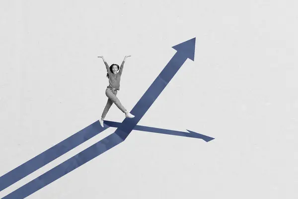 Creative Photo Collage Picture Young Woman Upwards Arrow Pointer Leadership — Stock Photo, Image