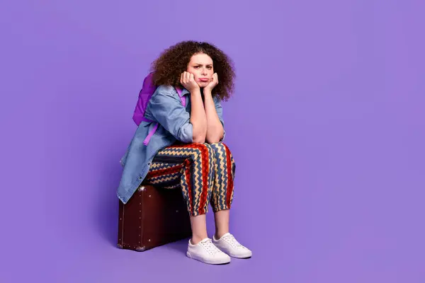 Full Size Photo Nice Girl Disappointed Sit Valise Wear Denim — Stock Photo, Image