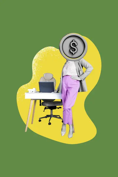 Creative Vertical Collage Picture Standing Headless Woman Huge Coin Face — Stock Photo, Image